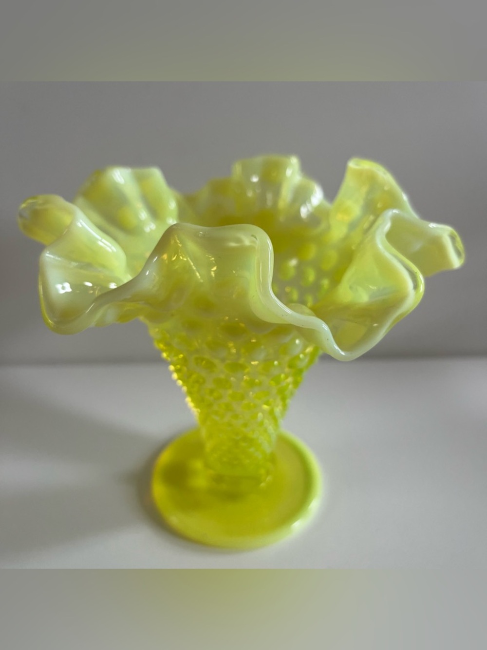 Vantage Fenton Topaz Opalescent Hobnail Glass Trumpet  GLOWS Milky-yellow Vase